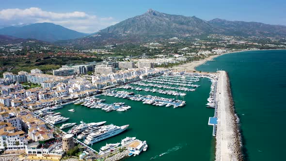 Aerial view of the harbour in Puerto Banus, Malaga, Spain.