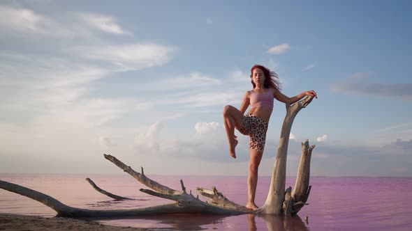 Beautiful Slim Woman Raises Leg in Splits Backdrop Stunning Pink Salt Lake