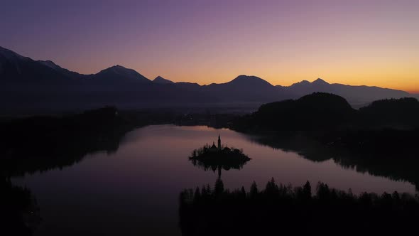 Bled Lake and Marijinega Vnebovzetja Church at Twilight