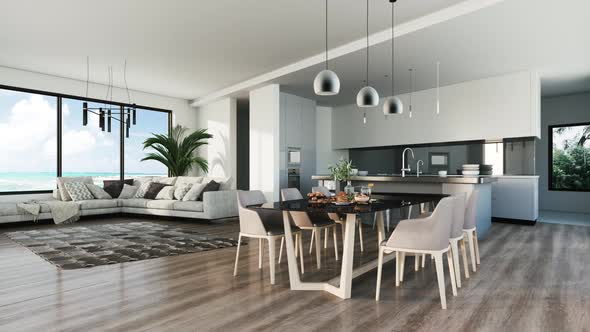 Modern Kitchen Interior With Tropical View