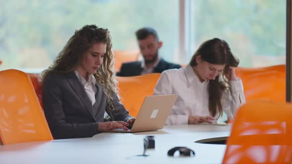 Portrait of Busy Woman Analyzing Ebusiness on Laptop Sitting at Table with Colleague As Blurred Man