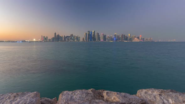 Doha Downtown Skyline Day to Night Timelapse Qatar Middle East