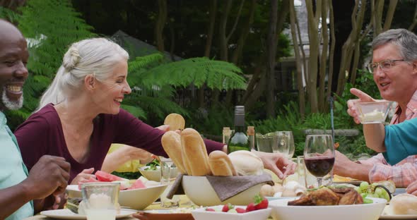 Animation of diverse happy senior female and male friends eating lunch in garden