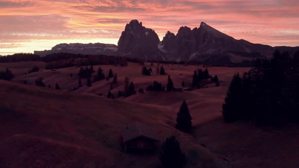 Aerial flight over Alpe de Siusi in the Italian Dolomites