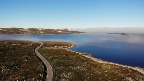 Road Crossing Hardangervidda Plateau, Norway. Aerial View.