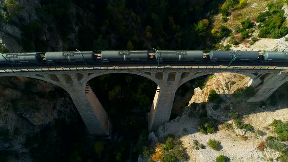 Passing Train Wagon Stone Railway Bridge