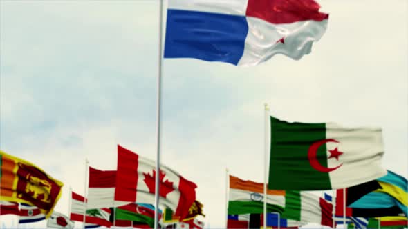 panama Flag With World Globe Flags Morning Shot