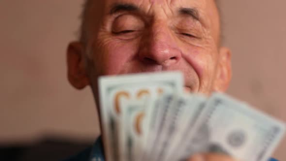 Elderly positive Caucasian man 70 years old with a smile counts dollar bills in his hands. The pensi