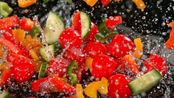 Super Slow Motion Shot of Colorful Vegetables Falling Into Water on Black Background at 1000Fps