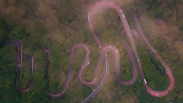 Aerial view of a curvy road near Hakone, Japan.