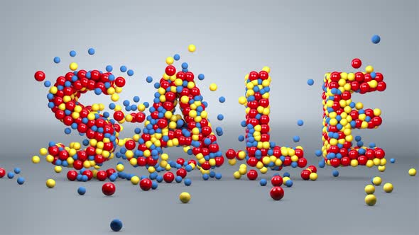 The inscription is a sale of colored balls on a gray background. 3D animation