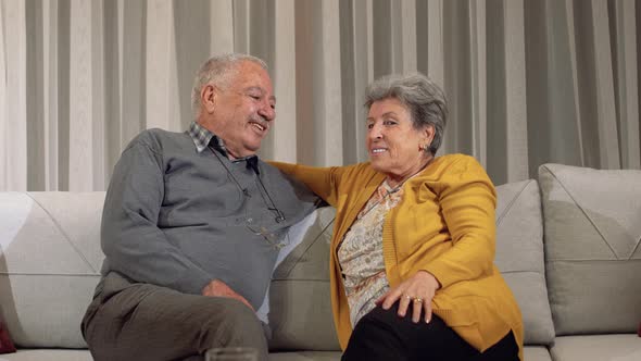 Elderly couple laughing at the screen