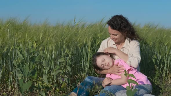 Family relax in a countryside. 