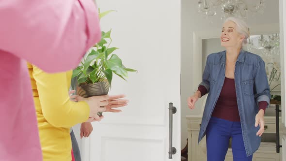 Animation of happy caucasian senior woman welcoming friends in doorway