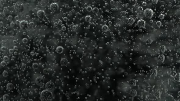 Slow Motion Close-up Small White Bubbles in Glass of Water Over Black Background