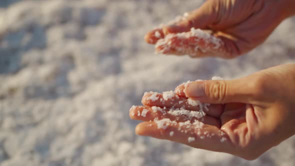 Womans Hand Holding Crystallized Salt Flakes Natural Mineral Formation