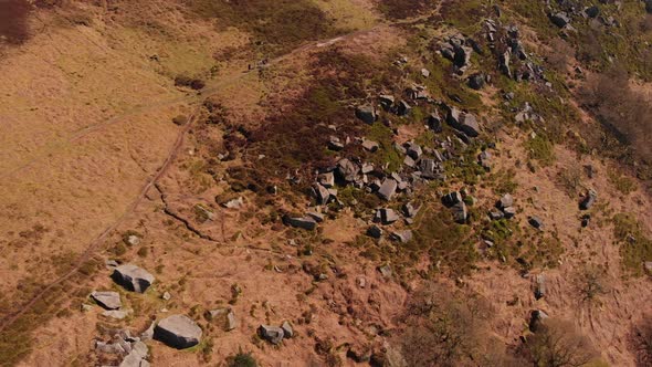 Drone aerial shot of people walking on Bamford Edge Path Walk Trail Tourist Attraction in the Peak D