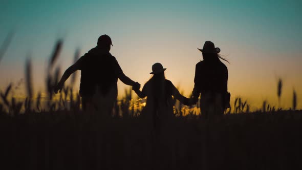 Happy Family Silhouette Farmers Working in a Wheat Field at Sunset