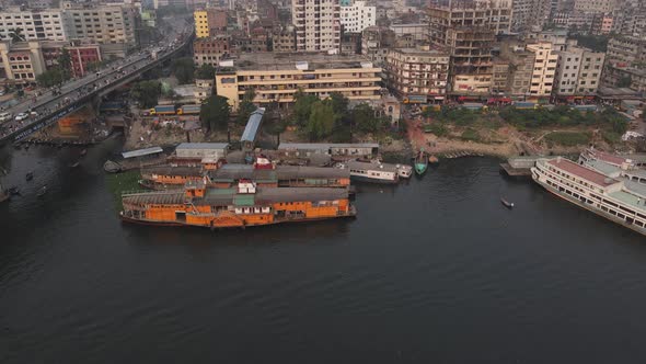 Aerial view from right to left of steamboats docked in Steamer ghat in Old Dhaka, Bangladesh.