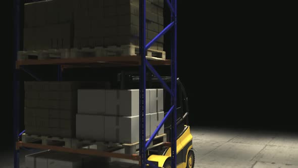 Forklift with a stack of cardboard boxes on a wooden pallet in the warehouse.