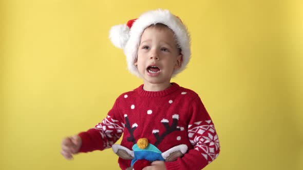 Portrait Emotion Cute Happy Cheerful Chubby Preschool Baby Boy Smiling Fooling Around in Santa Hat