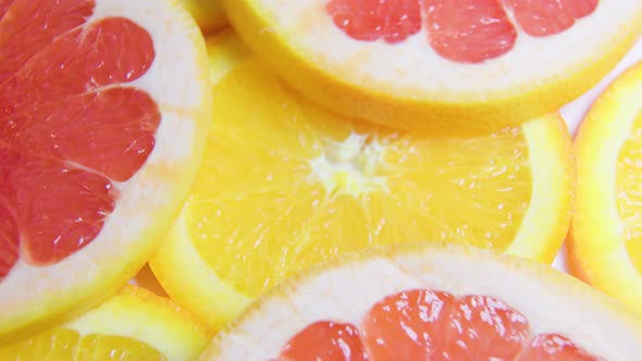 Close Up Many Colorful Fresh Citrus Fruit Slices Orange Grapefruit