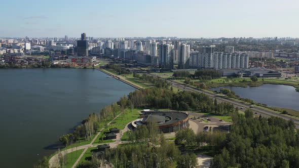 Top View of the Park and the City on Pobediteley Avenue Near the Drozdy reservoir.Minsk, Belarus