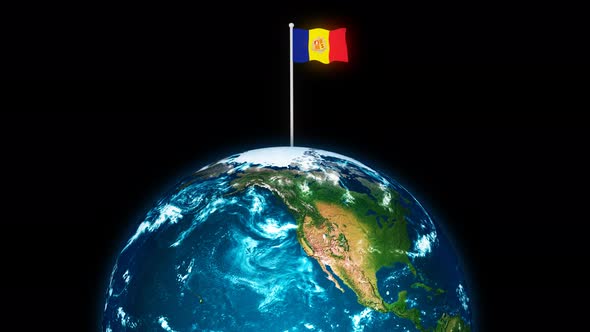 3d Rotated Planet Earth On Flying Andorra Flag Flag Animation