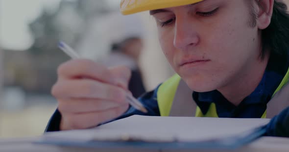 Confident Male Building Contractor Drawing While Analyzing Blueprint