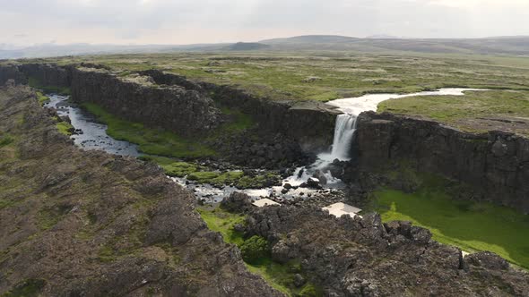 Flying Around the Oxarafoss Waterfall in Iceland