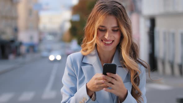 Portrait Happy Caucasian Girl Business Woman Looking Into Mobile Phone Rejoices Victory Good News