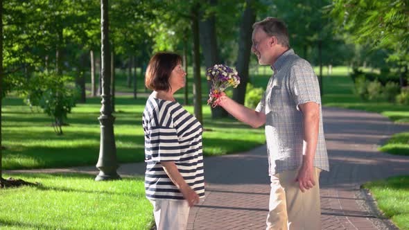 Senior Man Giving Flowers To Woman Park