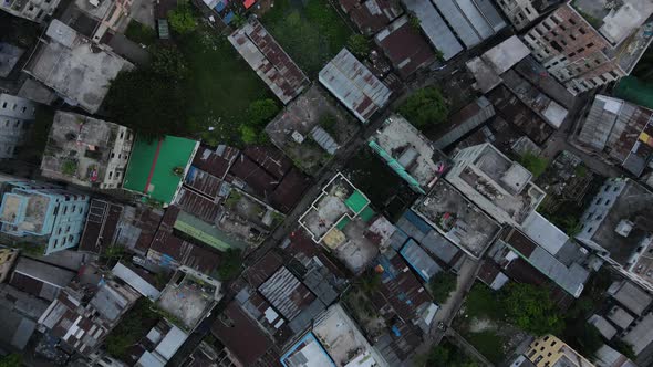 Densely populated Bangladesh city, poor downtown residential apartments, aerial