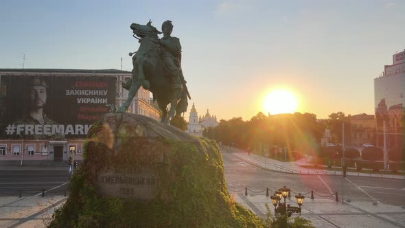 Kyiv, Ukraine: Monument To Bogdan Khmelnitsky in the Morning at Dawn. Aerial View