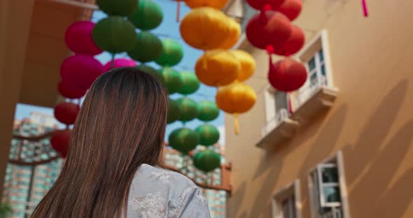 Woman look at the chinese lantern  at outdoor