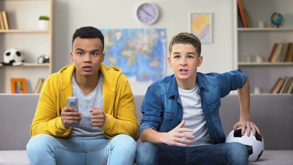 Afro-American and Caucasian Friends Cheering for Favorite Football Team, Hobby