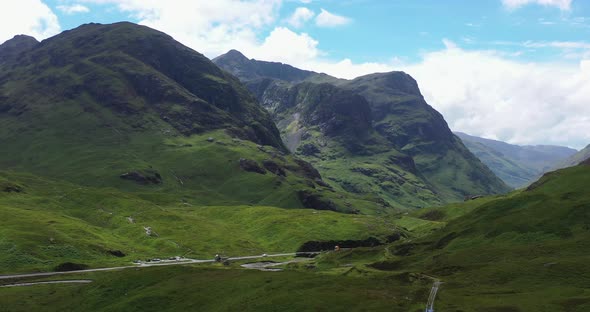 Glen Coe and Three Sisters with A82 road and traffic, Highlands, Scotland