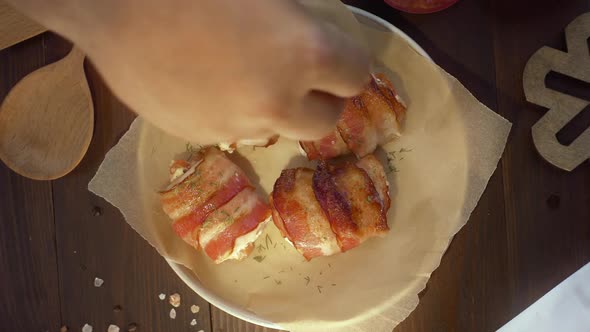 Flat Lay Shot: Chef Adds Chopped Dill To the Roasted Rolls with Chicken, Cooked Meat, the Cook