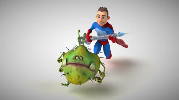 3D Animation of a fun superhero chasing a virus with a vaccine