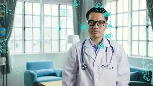 Asian Doctor Hand Touching Icon Medical Network Connection With Modern Virtual Screen Interface