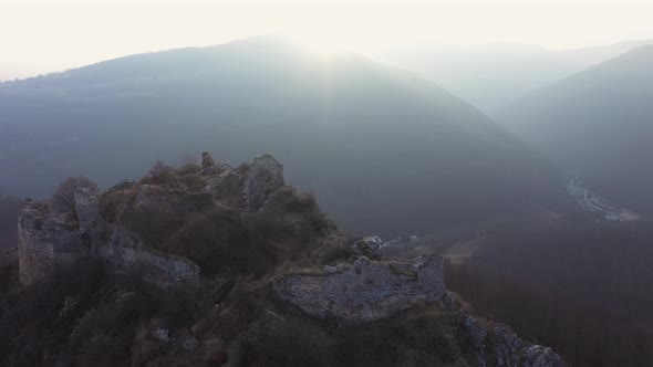 Aerial View of Ruins of a Medieval Castle. Liteni, Leta Fortress, Transylvania, Romania