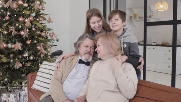 Cheerful Grandparents and Grandchildren Enjoying Christmas with New Year Tree at the Background