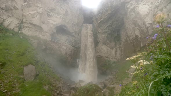 Dirty Waterfall Sultan High in the Mountains Near Elbrus in Summer