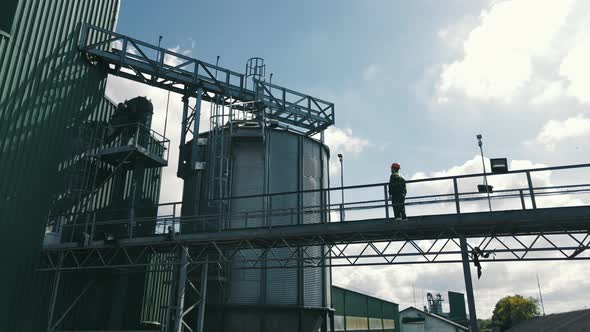 Agronomist Farmer Checking Grain Soybean and Wheat Storage Tanks