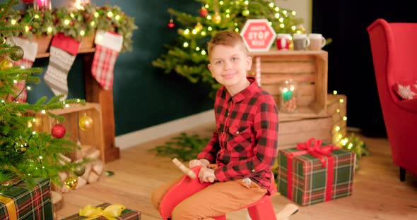 Young boy enjoys sitting on a rocking horse and sways back and forth