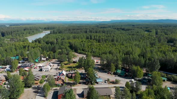 4K Drone Video of Talkeetna, AK Village along the Susitna River with Mt. Denali in distance on Sunny