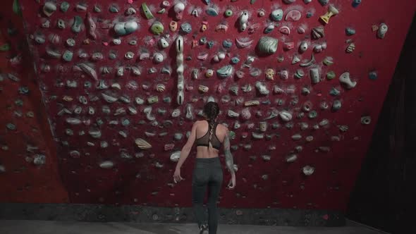 Wide Shot of a Young Athlete Approaching Artificial Rock Wall and Starts Climbing