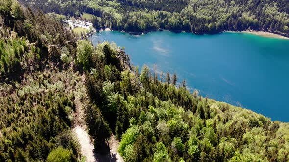 Beautiful view from the Signalkogel to the Lake Langbathsee and Mountains drone video