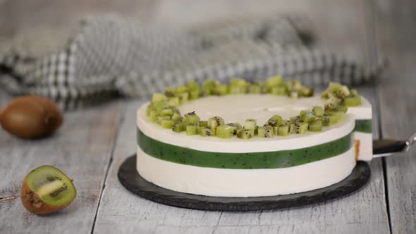 Delicious homemade mousse cake with kiwi