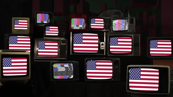 Flag of United States and Many Old Televisions.